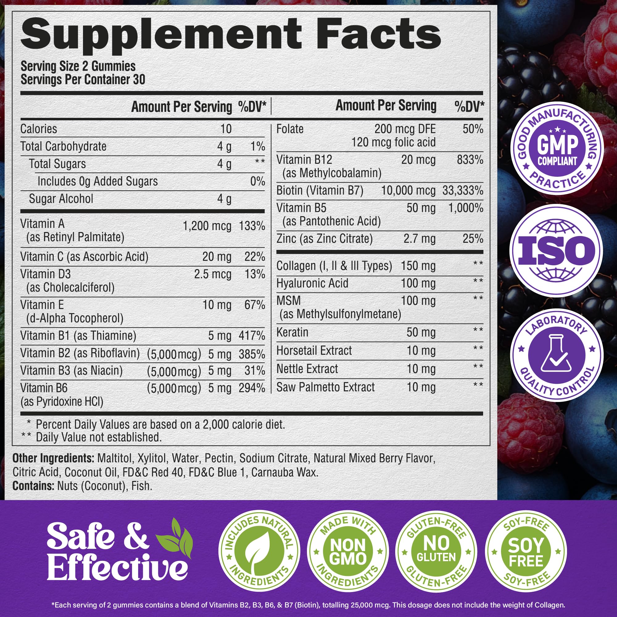 Biotin Gummies 10000mcg Collagen Hair Growth 60 Count
