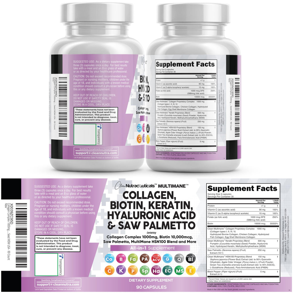 Hair Skin Nails Vitamins Collagen Biotin Keratin 90 Count